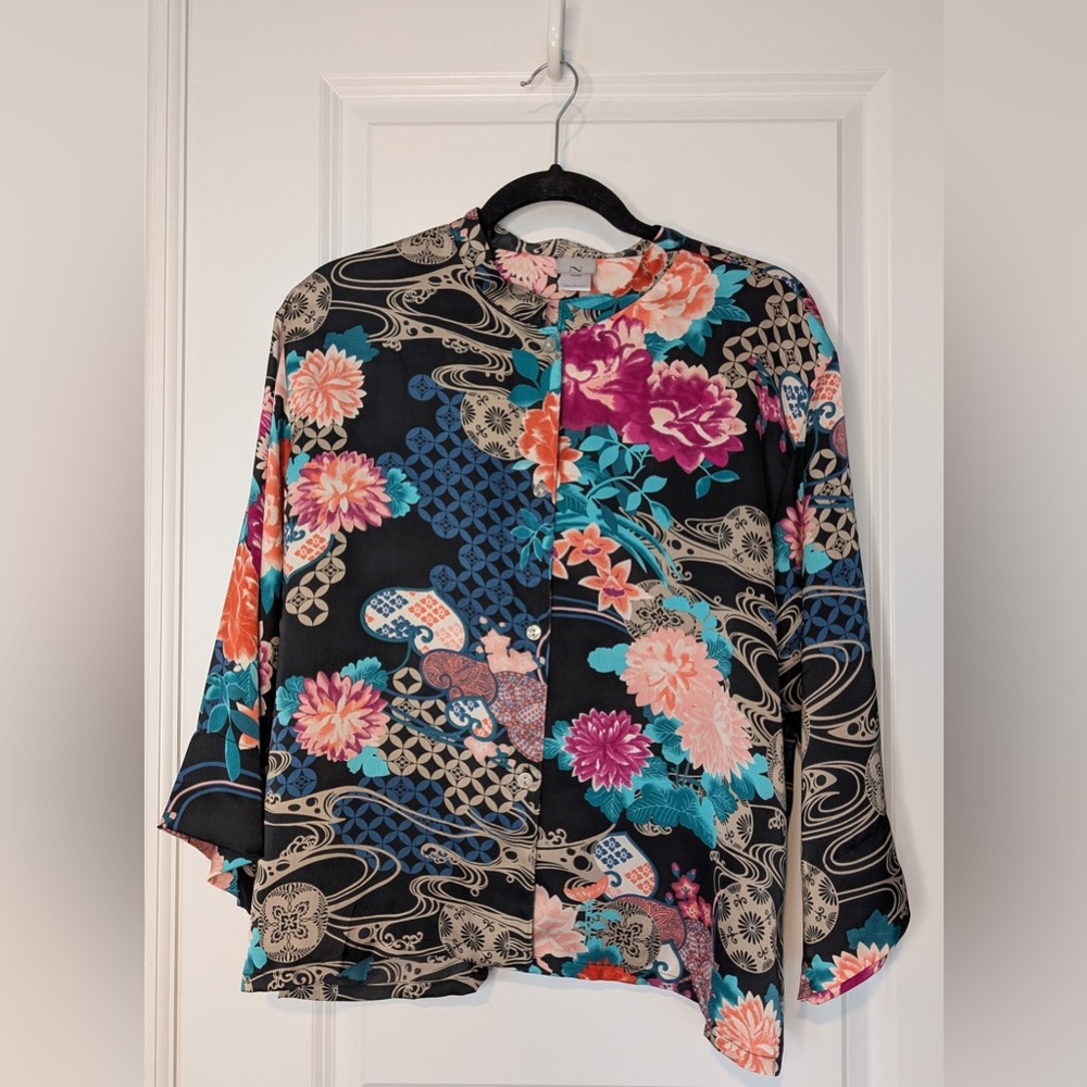 NATORI Saipan Satin Printed Oriental Floral Print Collar Pajama Top Size Large